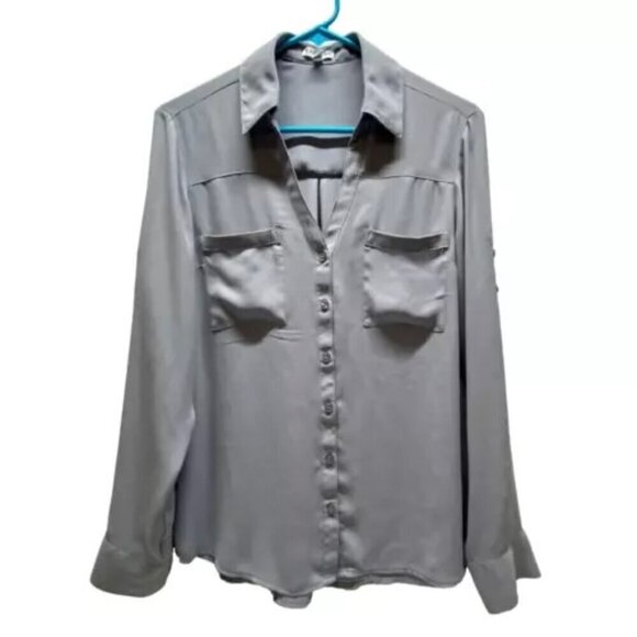 Express Button Up Women's Medium Steel Blue Grey Silky Lightweight Pockets EUC - Picture 1 of 9